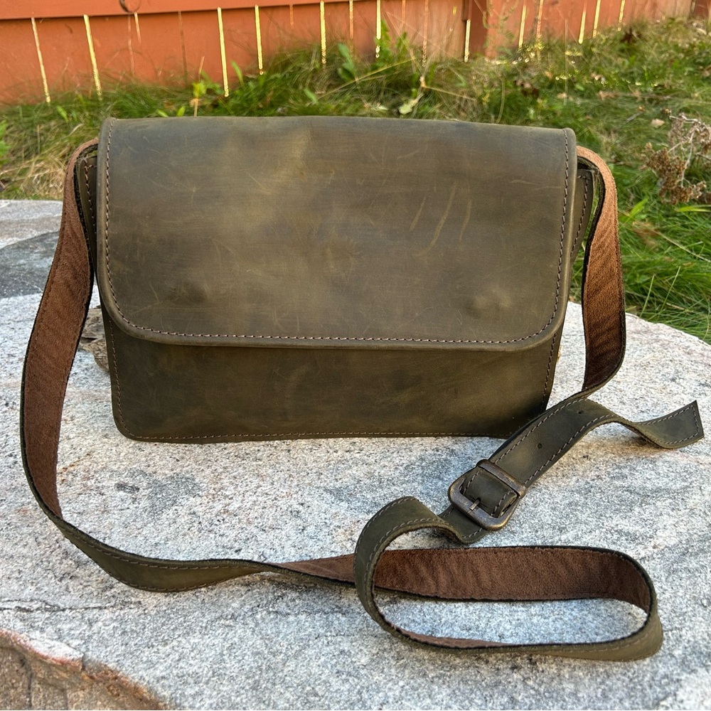 Olive Green Distressed Leather Crossbody Bag